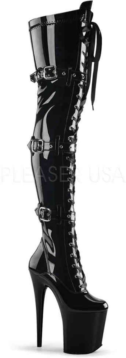 EU 38 = US 8 | FLAMINGO-3028 | 8 Heel, 4 PF Stretch Thigh Boot W/Buckled Straps, Side Zip